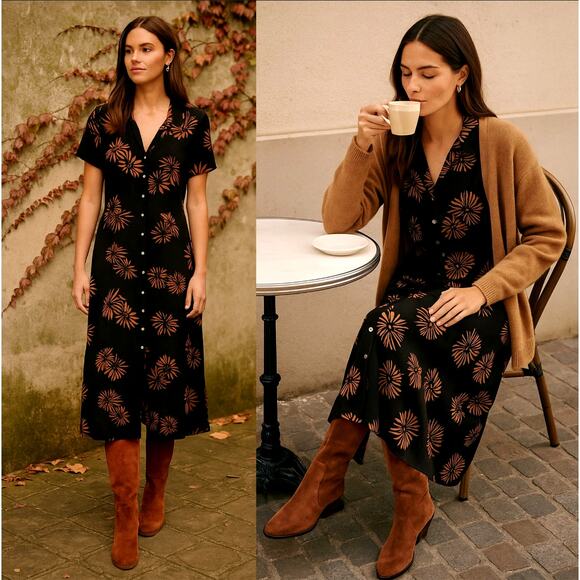 NEW! Nordstrom M Button Front Midi Shirt Dress $149 Rayon Short Sleeve Black Tan - Picture 1 of 7